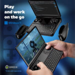 DROIX handheld gaming PC Versatile Windows 11 device for play and work on the go Features clamshell design with 7 touchscreen full keyboard and gaming controls Dual mode functionality showcased   coding on top screen FPS gaming on bottom Detachable grips for enhanced gaming comfort Compact form factor ideal for portable productivity and gaming Note Grips sold separately