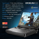 GPD WIN Mini 2024 Powerful handheld gaming PC with 7 FHD 120Hz VRR touchscreen Features AMD Ryzen 7 8840U CPU Radeon 780M GPU 32GB RAM 2TB NVMe storage Compact clamshell design with full keyboard and gaming controls Versatile connectivity including Wi Fi 6E and Bluetooth 52 Runs Windows 11 Home DROIX branding visible Compact form factor offers portability and power for gaming and productivity on the go
