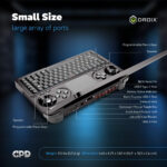 DROIX GPD WIN Mini 2024 Compact handheld gaming PC with full QWERTY keyboard and gaming controls Features multiple ports including USB4 USB C microSD and audio jack Labeled diagram highlights programmable macro keys speakers BIOS reset pin battery indicator and exhaust vent Dimensions 661 x 429 x 102 in weight 115 lbs Emphasizes Small Size large array of ports for versatile portable gaming and productivity