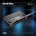 DROIX GPD WIN Mini 2024 Compact handheld gaming PC with full QWERTY keyboard and gaming controls Features multiple ports including USB4 USB C microSD and audio jack Labeled diagram highlights programmable macro keys speakers BIOS reset pin battery indicator and exhaust vent Dimensions 661 x 429 x 102 in weight 115 lbs Emphasizes Small Size large array of ports for versatile portable gaming and productivity
