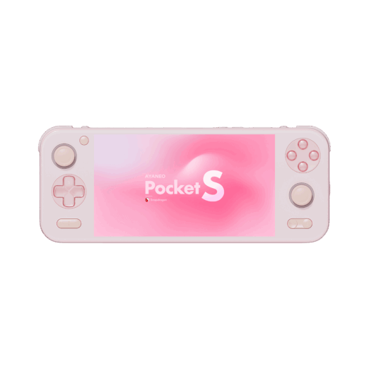 A direct front view of a pink AYANEO Pocket S handheld gaming console isolated against a solid dark green background The screen prominently displays the AYANEO Pocket S logo and Powered by Snapdragon against a soft pink gradient All control buttons including the pink D pad analog sticks and face buttons are clearly visible