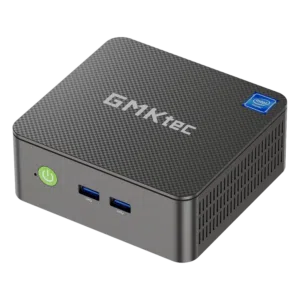 Front view of the GMKtec G3 N100 mini PC showcasing its sleek black design with a smooth finish a power button and ventilation grilles The minimalist front panel emphasizes its compact and modern aesthetic