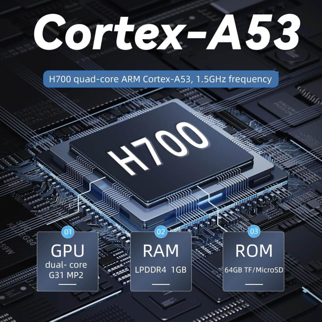 Anbernic RG35XX H handheld gaming console powered by a Cortex-A53 processor, delivering efficient performance for portable gaming.