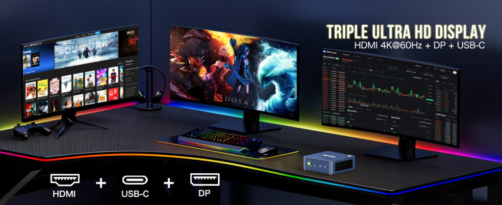 GMKtec NucBox M5 mini PC with triple display output capability, ideal for versatile multitasking and productivity.