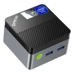 The image shows the GMKTEC NUCBOX G5 Mini PC, a compact and sleek device designed for computing on the go. The mini PC has a modern, minimalist design with a smooth black finish. Its small form factor makes it highly portable, easily fitting in one hand. The front of the device features multiple ports, including USB and audio jacks, allowing for various connectivity options. The GMKTEC logo is subtly placed on the top surface, adding a touch of brand identity without being obtrusive. The overall design is clean and functional, emphasizing both aesthetics and practicality.