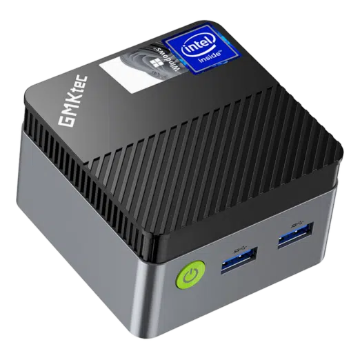 The image shows the GMKTEC NUCBOX G5 Mini PC, a compact and sleek device designed for computing on the go. The mini PC has a modern, minimalist design with a smooth black finish. Its small form factor makes it highly portable, easily fitting in one hand. The front of the device features multiple ports, including USB and audio jacks, allowing for various connectivity options. The GMKTEC logo is subtly placed on the top surface, adding a touch of brand identity without being obtrusive. The overall design is clean and functional, emphasizing both aesthetics and practicality.