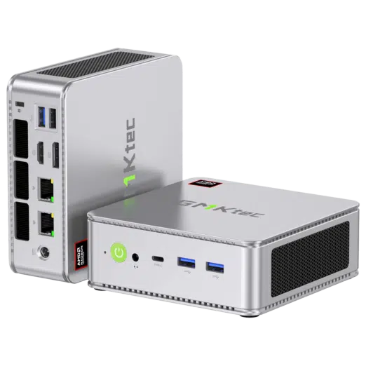 The image depicts the GMKTEC NUBOX K8 Mini PC in a stylish silver finish, showcasing its sleek and modern design. The silver color adds a touch of elegance to the device. The GMKTEC logo is subtly displayed on the top surface. Overall, the image highlights the sleek and minimalist aesthetic of the GMKTEC NUBOX K8 Mini PC in silver.