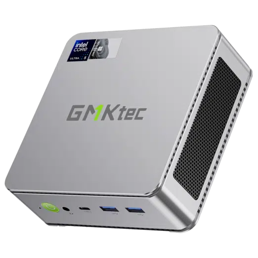 The image showcases the GMKTEC NUBOX K9 Mini PC in a stylish silver finish adding a touch of elegance to its sleek design The silver color enhances its modern aesthetic making it an attractive addition to any workspace The GMKTEC logo is subtly displayed on the top surface Overall the image highlights the sophisticated appearance of the GMKTEC NUBOX K9 Mini PC in silver