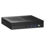 GMKTEC-NUCBOX-M4-LISTING-DONE-01 The image shows the GMKTEC NUBOX M4 Mini PC, a compact and stylish computing device. The mini PC has a sleek, matte black finish with a minimalist design. The front panel features multiple input/output ports including USB ports, an audio jack, and possibly a power button. The GMKTEC logo is prominently displayed on the top surface. The device's small form factor highlights its portability and practicality for various computing needs.