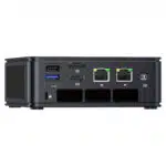 The image shows the front panel of the GMKTEC NUBOX M5 Mini PC highlighting its inputoutput ports The ports include multiple USB ports a 35mm audio jack and possibly a power button The ports are neatly arranged for easy access emphasizing the devices user friendly design and connectivity options