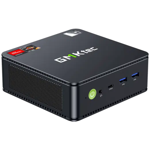 The image showcases the GMKTEC NUBOX M6 Mini PC, a compact computing device designed for versatility and efficiency. With a sleek matte black finish, it exudes a modern aesthetic. Its compact form factor makes it suitable for various computing needs. The GMKTEC logo is subtly displayed on the device, maintaining a minimalist design.