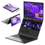Image of the GPD Duo laptop, showcasing its 3-in-1 design with dual 13.3-inch touchscreen displays, each with 2.8K OLED resolution. The laptop is displayed in various modes: tablet, tent, and dual-screen laptop configurations. The secondary screen supports video input via USB-C. Specifications highlighted include AMD Ryzen 7 8840U or Ryzen AI, up to 64GB LPDDR5x RAM, and up to 8TB PCIe 4.0 NVMe SSD storage