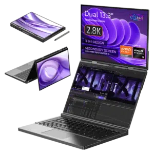 Image of the GPD Duo laptop showcasing its 3 in 1 design with dual 133 inch touchscreen displays each with 28K OLED resolution The laptop is displayed in various modes tablet tent and dual screen laptop configurations The secondary screen supports video input via USB C Specifications highlighted include AMD Ryzen 7 8840U or Ryzen AI up to 64GB LPDDR5x RAM and up to 8TB PCIe 40 NVMe SSD storage