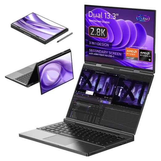 Image of the GPD Duo laptop showcasing its 3 in 1 design with dual 133 inch touchscreen displays each with 28K OLED resolution The laptop is displayed in various modes tablet tent and dual screen laptop configurations The secondary screen supports video input via USB C Specifications highlighted include AMD Ryzen 7 8840U or Ryzen AI up to 64GB LPDDR5x RAM and up to 8TB PCIe 40 NVMe SSD storage