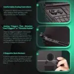 The GPD Win Max 2 2024 features comfortable analog controllers designed for ergonomic use The analog triggers simulate gun triggers or throttle pedals for a realistic gaming experience Additionally the device includes two mappable back buttons allowing for customizable control options