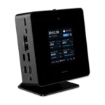 Front view of the Minisforum AtomMan X7 Ti, featuring a sleek, modern design. The device includes multiple ports such as USB, HDMI, and Ethernet. It is designed for high performance with advanced cooling systems, ensuring efficient and quiet operation.