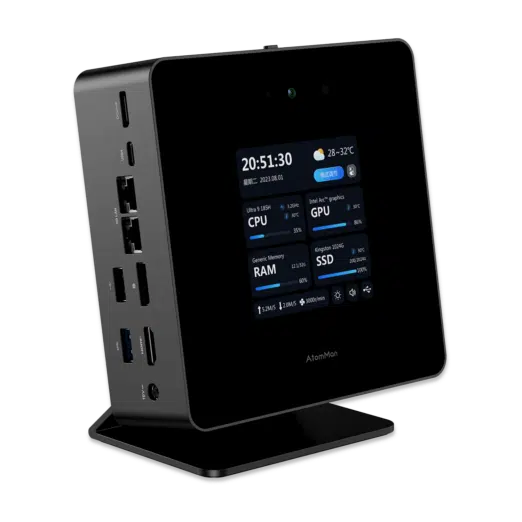 Front view of the Minisforum AtomMan X7 Ti, featuring a sleek, modern design. The device includes multiple ports such as USB, HDMI, and Ethernet. It is designed for high performance with advanced cooling systems, ensuring efficient and quiet operation.