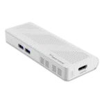 Front view of the Minisforum S100 PC stick, showcasing its compact and sleek design with visible ports including USB3.2 Gen2 Type-A, HDMI, USB3.2 Gen2 Type-C, and RJ45 2.5G Ethernet port. The device features the Intel N100 processor, providing low power consumption and quiet operation. It supports PoE IEEE 802.3at power delivery for enhanced performance and efficiency.