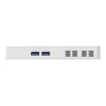 Side render of the Minisforum S100 PC stick, displaying its slim and compact profile. Visible ports include USB3.2 Gen2 Type-A, HDMI, USB3.2 Gen2 Type-C, and RJ45 2.5G Ethernet. Equipped with the Intel N100 processor, the device offers low power consumption, quiet operation, and supports PoE IEEE 802.3at for efficient power delivery