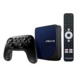 Rocktek G2 media streaming device with a wireless controller showing a compact black streaming box and a matching black controller with multiple buttons for navigation and control