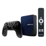Rocktek G2 media streaming device with a wireless controller showing a compact black streaming box and a matching black controller with multiple buttons for navigation and control