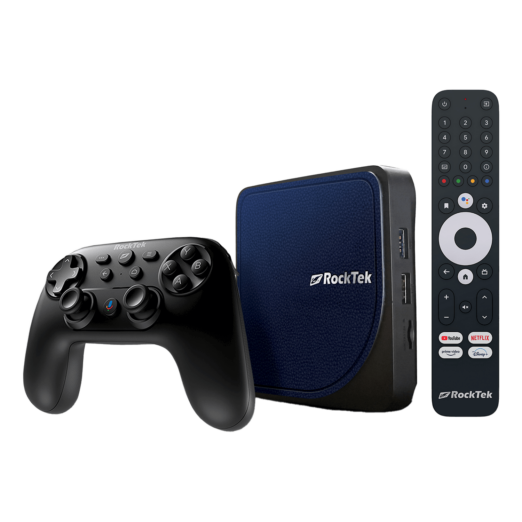 Rocktek G2 media streaming device with a wireless controller showing a compact black streaming box and a matching black controller with multiple buttons for navigation and control