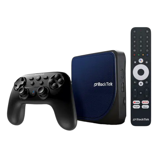 Rocktek G2 media streaming device with a wireless controller showing a compact black streaming box and a matching black controller with multiple buttons for navigation and control