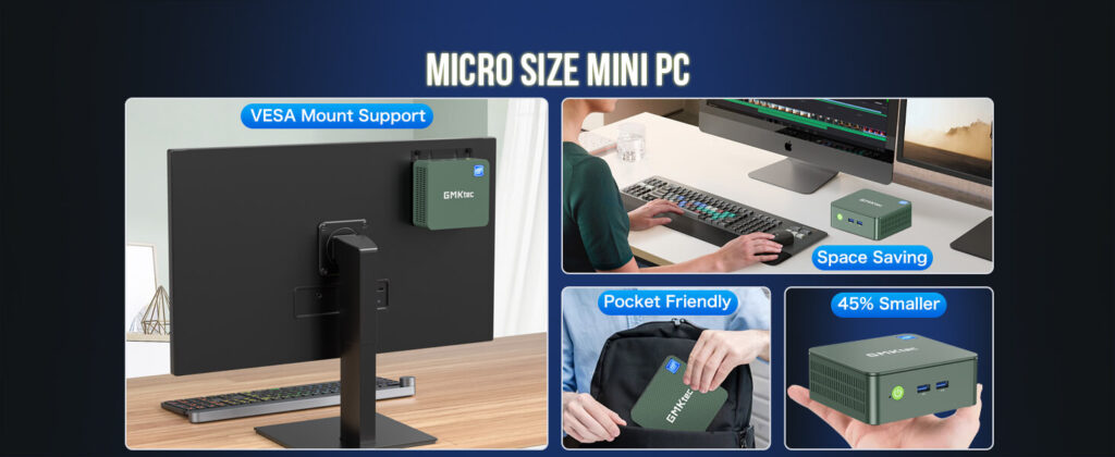 GMKtec micro-size mini PC with an ultra-compact design, fitting easily in the palm of a hand. The sleek black device features a minimalist exterior, ideal for saving space while providing robust computing capabilities
