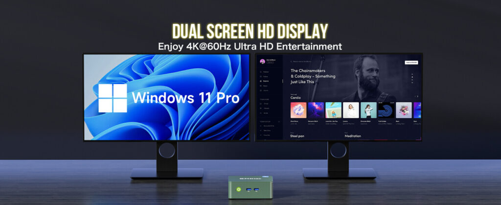 GMKtec mini PC connected to dual HD displays, showcasing its capability to support multiple screens simultaneously. The setup includes a sleek, compact black mini PC unit with HDMI ports used to connect two high-definition monitors displaying vibrant, crisp visuals
