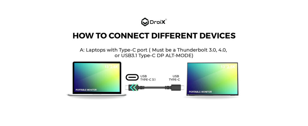 Connect your Thunderbolt 3 or 4 enabled MacBook seamlessly to the DroiX PM13 portable monitor via its Type-C port with DP ALT-MODE support. This advanced connectivity ensures both video transmission and power delivery through a single Type-C cable, maximizing convenience and efficiency.