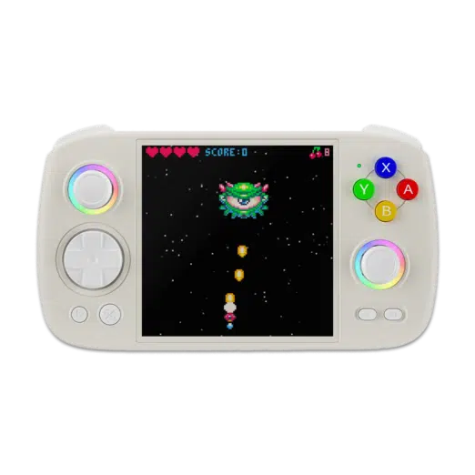 Front view render of the Anbernic RG Cube handheld gaming console in beige and white The device has a compact square shaped design with a beige body and white buttons The screen is centered with two control buttons on each side and additional buttons below the screen The console features a minimalist aesthetic with a retro inspired look