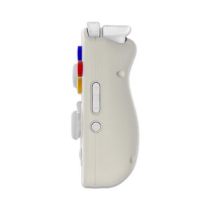 Side view render of the Anbernic RG Cube handheld gaming console in beige and white. The image shows the slim profile of the device, emphasizing its compact design. The beige body contrasts with the white buttons and controls, including a directional pad and various function buttons. The side view highlights the ergonomic shape and port placements, suggesting a blend of modern functionality with a retro-inspired color scheme