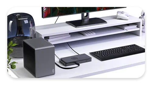 GPD G1 eGPU Docking Station being used with a Mini PC showcasing it's functionality as a computer accessory.