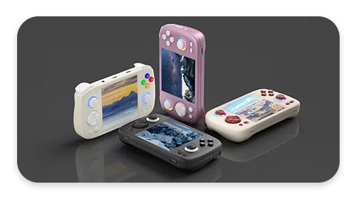 ANBERNIC RG CUBE Retro Handheld Game Console in 4 beautiful colours sitting in different positions, showing how amazing recent retro gaming consoles have become.