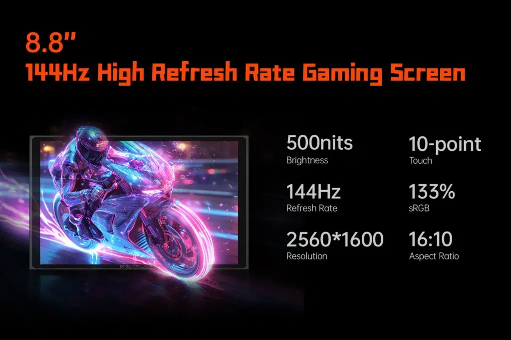 ONEXPLAYER X1 Mini 3 8.8-inch high-refresh-rate gaming screen specification featuring 500 nits brightness, 144Hz refresh rate, 2560x1600 resolution, 133% sRGB color gamut, 16:10 aspect ratio, and 10-point touch functionality, with a vibrant motorcycle racing image displayed on the screen.