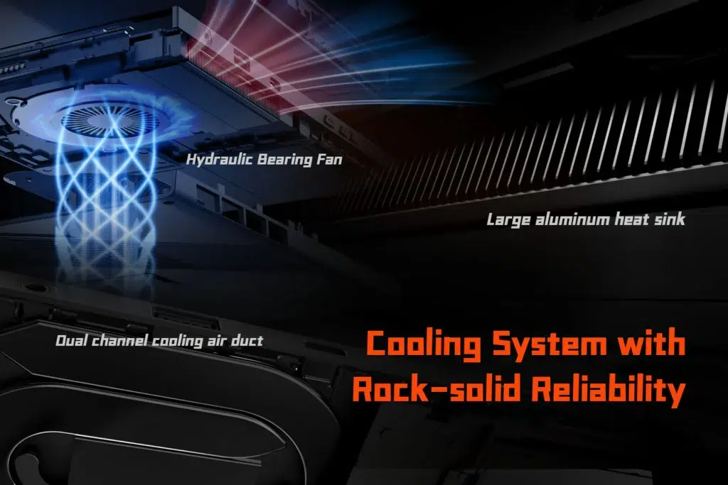 ONEXPLAYER X1 Mini 21 Illustration of the ONEXPLAYER X1 Mini's advanced cooling system featuring a hydraulic bearing fan, dual-channel cooling air duct, and a large aluminum heat sink for reliable and efficient thermal management
