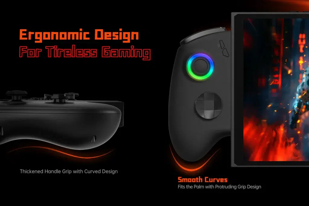 ONEXPLAYER X1 Mini 22 Detailed view of the ONEXPLAYER X1 Mini's ergonomic controller design with a thickened handle grip, smooth curves, and a protruding grip to fit comfortably in the palm, ensuring tireless gaming sessions