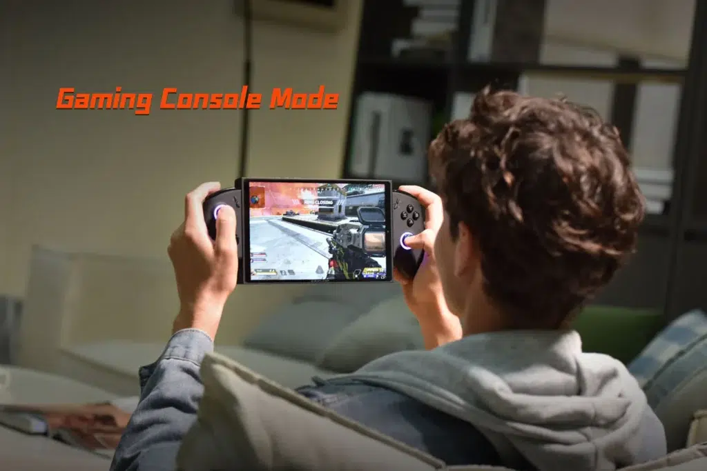 ONEXPLAYER X1 Mini 8 A user enjoying the ONEXPLAYER X1 Mini in gaming console mode while playing a first-person shooter game, emphasizing the console-like experience in a portable form factor.