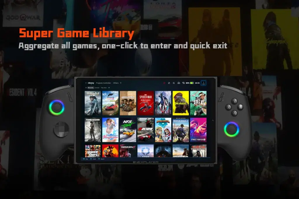 ONEXPLAYER X1 Mini 13 ONEXPLAYER X1 Mini displaying a curated Super Game Library with multiple game titles, allowing one-click access and quick exits for seamless gaming.