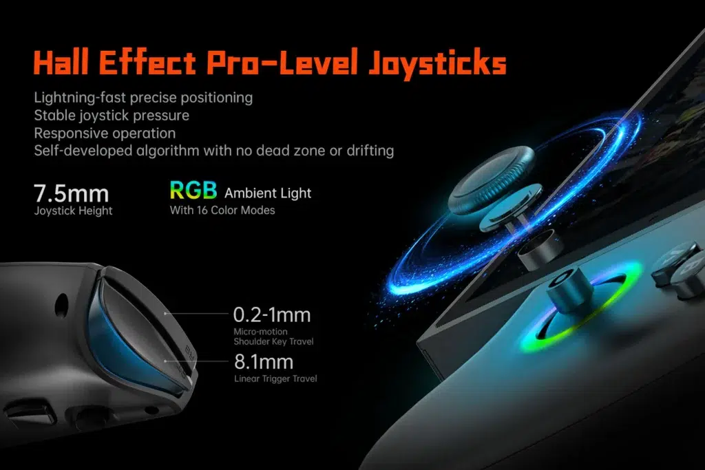 ONEXPLAYER X1 Mini 23 Close-up of the ONEXPLAYER X1 Mini's Hall Effect Pro-Level Joysticks, showcasing precise positioning, RGB ambient light with 16 color modes, and self-developed algorithms for no dead zone or drifting. Joystick and trigger measurements, including 7.5mm height and 8.1mm linear trigger travel, are highlighted