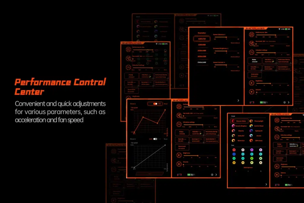 ONEXPLAYER X1 Mini 14 A collage of interface screens from the Performance Control Center on the ONEXPLAYER X1 Mini, demonstrating adjustable settings for fan speed, resolution, RGB lighting, and performance presets
