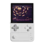 Front view of the AYANEO Pocket DMG in Moon White, highlighting its vertical handheld layout with a vibrant 3.92-inch OLED screen, control buttons, and analog joystick.