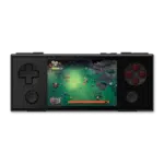 AYANEO-POCKET-MICRO-MAGIC-BLACK-DONE-01 Front view of the AYANEO Pocket Micro in black, showing a 3.5-inch screen displaying a colorful top-down adventure game. The device features a D-pad on the left, ABXY buttons on the right, and two circular buttons below, showcasing its retro-inspired design.