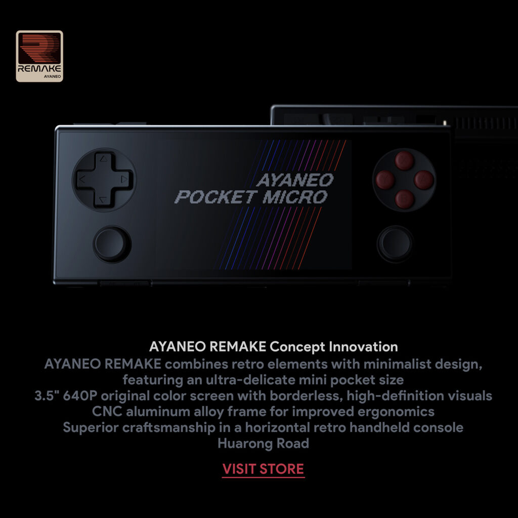 AYANEO Pocket Micro 3 Close-up of the AYANEO Pocket Micro in black, showing the D-pad, action buttons, and screen with colorful lines. Text at the bottom describes AYANEO REMAKE Concept Innovation, highlighting features like the 3.5" 640P screen, CNC aluminum alloy frame, and superior craftsmanship. A "REMAKE" logo is visible in the top left corner.