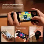 Three images of the AYANEO Pocket Micro being held showcasing its compact size and retro inspired design Text describes it as a Childhood Dream Handheld Console with features like improved grip dual joystick layout and on the go gaming capabilities Device dimensions are listed as 156 x 63 x 18mm weighing 233g