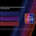 A graphic showcasing the MediaTek Helio G99 processor in the AYANEO Pocket Micro Text boxes highlight its eight core processor capable of running PS2 games active cooling for long play sessions and up to 6 hours of battery life The Helio G99 logo is prominently displayed against a colorful background