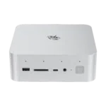 Front view of Beelink GTi14 Ultra mini PC Silver square device with rounded edges Visible ports include USB SD card slot USB C and audio jack Beelink logo on top Power button with LED indicator on the right side