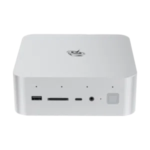 Front view of Beelink GTi14 Ultra mini PC Silver square device with rounded edges Visible ports include USB SD card slot USB C and audio jack Beelink logo on top Power button with LED indicator on the right side