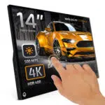 DROIX-PM14T-LISTING-DONE-NEW-01 DroiX 14-inch touchscreen portable monitor displaying a 4K image of a yellow sports car. Text overlay highlights features: 14" Touch Screen, 500 NITS brightness, 4K resolution, and HDR 400 support. A hand is shown interacting with the touchscreen