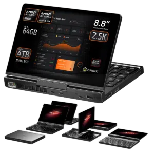 Front view of the GPD Pocket 4 highlighting its 88 inch 25K touchscreen display Powered by AMD Ryzen 7 8840U or AMD Ryzen AI Pro 9 HX with options for up to 64GB RAM and up to 4TB NVMe SSD Showcases modular design and multiple configurations for productivity and portability